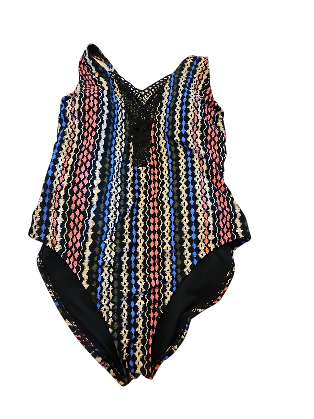 Time and Tru Multicolor Striped One-Piece Swimsuit with Black Lace Trim Large